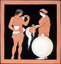 Mitología griega: Andrómaca presenta las armas a su esposo.
