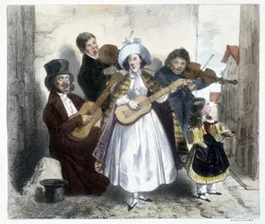 Grupo de músicos callejeros, finales del siglo XIX