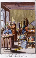 Oficio artesanal: el mecánico con instrumentos de precisión en su taller. En “Descripción completa de artes y oficios y talleres para jóvenes” por Johan Peter Vue. Ed. Núremberg, Weigel y Schneider
