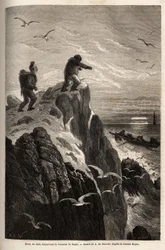 Hans, un cazador que había acompañado a los doctores Hayes y Kane en una expedición anterior al Ártico, antes de abandonarlos para asentarse en un pueblo esquimal, señala el barco de Hayes con la esperanza de ser repatriado en 1860. Grabado para ilustrar e