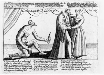Arlequín cornudo. Serie de grabados de una obra representada en Francia hacia finales del siglo XVI sobre las desventuras amorosas de Arlequín y Franceschina