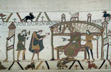 Harold, que regresó a Inglaterra, después de su embajada en el Duque Guillermo el Conquistador (1027-1087), relató su viaje al Rey Eduardo el Confesor (detalle)