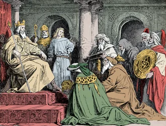 Regalos de Harun al Rachid - Embajadores del califa abasí Harun al Rachid (763-809) ofrecen sus regalos a Carlomagno (742-814), alrededor de 802