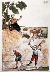 Cosechas, indios de Perú trabajando en los campos. Acuarela del siglo XVIII. Madrid. Biblioteca del Palacio Real