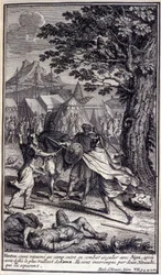 Héctor, al regresar al campamento, entra en una batalla singular con Áyax, después de haber desafiado al más valiente de los griegos. Son interrumpidos por dos heraldos que los separan. Ilustración del libro VII de la Ilíada de Homero, edición francesa
