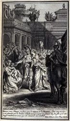 Héctor, que llegó a Troya mientras los griegos y los troyanos estaban en sus manos, fue afligido por el dolor de Andrómaca, y por el llanto de su hijo, a quien besó tiernamente antes de regresar a la batalla. Ilustración del libro VI de la Ilíada de Homero