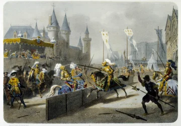 Enrique II (1519 - 1559) murió en torneo el 27 de junio de 1559 (litografía)