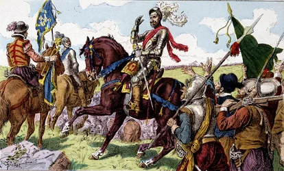 Enrique IV (1553 - 1610) en la Batalla de Ivry (= Ivry la Batalla en Normandía) en 1590. Imágenes infantiles del siglo XIX