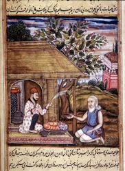 Hinduismo: representación de un santón dando limosna. Miniatura de un manuscrito del siglo XV.