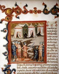 Historiae romanae decades (= grupos de 10 libros) (en francés Historia de Roma desde su fundación hasta 292 a.C.) por Tito Livio (Titus Livius) en latín (-59 - 17). Miniatura representando la conquista romana. s.d. Siglo XIV.