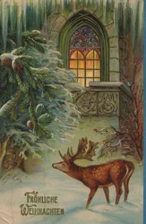 Tarjeta de Navidad histórica con motivo de invierno con el ciervo y la iglesia