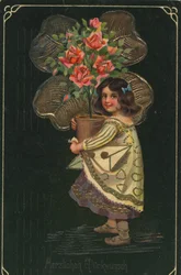 Tarjeta de felicitación histórica con un niño y una gran planta en maceta, rosa