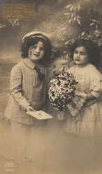 Tarjeta de felicitación del día del nombre histórico, niños disfrazados de muñecos, kitsch, romántico