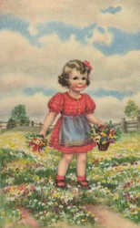 Tarjeta postal histórica con una niña feliz en la pradera, tarjeta de felicitación