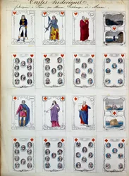 Cartas de juego históricas que representan grandes personajes de la historia, arte, literatura, religión. Siglo XIX.