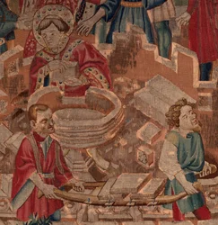 Historia de san Piat y san Eleuterio, escena 5, detalle. Centro. El santo, albañiles y la pila bautismal.