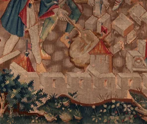Historia de San Piat y San Eleuterio, Escena 5 (detalle) Parte inferior izquierda. Murallas de la ciudad y arbustos.