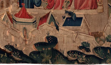 Historia de San Piat y San Eleutherio, Escena 9 San Eleutherio es confirmado como el obispo de Tournai. Detalle medio inferior. Las murallas de fortificación de la ciudad, casas