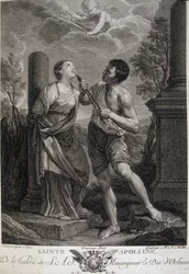 Santa Apolonia durante las persecuciones le rompen los dientes porque se negó a rendir homenaje a los dioses romanos. Grabado del siglo XVII.