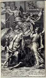 El genio de Homero, sosteniendo su Ilíada y su Odisea, y guiado por la poesía heroica, es introducido, a pesar de los esfuerzos de la Envidia, al templo de la memoria, que abre sus puertas. Lo acompaña la Fama que vuela delante de él, y el Tiempo, que colo