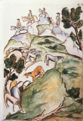Cuidadores de caballos rodean yeguas en las montañas para atraparlas, del libro "Trujillo del Perú" o "Códice Martínez Compañón", por Baltazar Martínez Compañón y Bujanda, obispo de Trujillo (1782-1785)