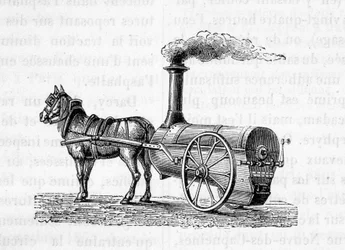Caballo tirando de una máquina de vapor - en "Las maravillas de la industria" por Figuier
