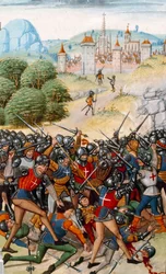 Guerra de los Cien Años: La batalla de Pontvallain entre franceses e ingleses el 4/12/1370. Miniatura de “Crónicas” de Jean Froissart (1337-1400) siglo XV, París, B.N.