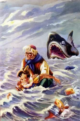 Ilustración del cuento de Pinocho por Carlo Collodi: Pinocho y Gepetto son perseguidos por un pez enorme.