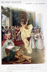 Ilustración del cuento "Riquet à la houppe" de Charles Perrault (1697): el hada anuncia a la Reina que la princesa que acaba de nacer será tan estúpida como hermosa. Cartel "Au bon marché" del siglo XIX.