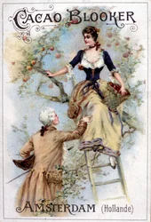 Ilustración publicitaria para el cacao Blooker representando a un joven a la moda del siglo XVIII ayudando a una joven a bajar de una escalera.