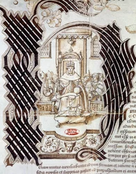 En 1522 Carlos V firmó con el Rey Enrique VIII de Inglaterra (1491-1547) el Tratado de Windsor, previendo una invasión de Francia. Miniatura de un manuscrito que representa a Enrique VIII. 1532 París, Archivos Nacionales