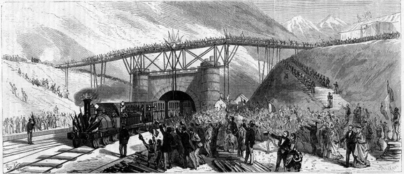 Inauguración del túnel de Mont Cenis (Monte Cenisio) en 1871. Llegada del tren invita a Bardonneche (Bardonecchia)