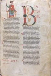 Incipit David, Beatus; Incipit de los Salmos, siglo XI (miniatura, manuscrito membranoso)