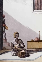 Cultura y civilización india: músico tocando tablas, instrumento musical tradicional, India. Grabado de 1808.
