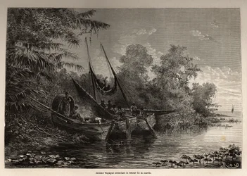 Indios Tapuyas (Brasil) están atrapados en sus botes, esperando el regreso de la marea