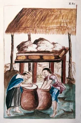 Indios haciendo queso, del libro "Trujillo del Perú" o "Códice Martínez Compañón", por Baltazar Martínez Compañón y Bujanda, obispo de Trujillo (1782-1785)