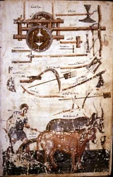 Instrumentos para trabajar el campo y un hombre arando - en "Scutum Herculis (El Escudo de Heracles" de Hesíodo