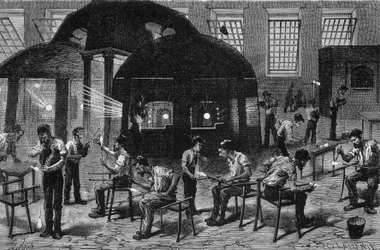 Interior de una cristalería, grabado siglo XIX