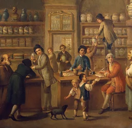 Interior de una farmacia, pintura de un artista desconocido