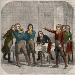 Entrevista entre Jean-Paul Marat (1743-1793), Maximilien de Robespierre (1758-1794) y Georges Jacques Danton (1759-1794) el 28 de junio de 1793 en un café parisino en la Rue du Paon. Grabado en “Histoire nationale illustrée de la France”. Siglo XIX.