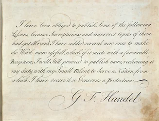 Página de introducción donde el compositor da las razones por las que publicó, de Suite de piezas instrumentales de G F Handel
