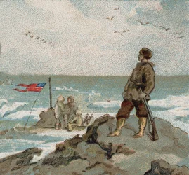 Isaac Israel Hayes (1832-1881) portando la bandera estadounidense en las costas del mar polar. Cromo de finales del siglo XIX.