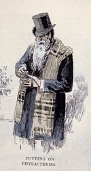 Religión judía: un anciano judío con el talit (Talit o Tzitzit), grabado de 1890