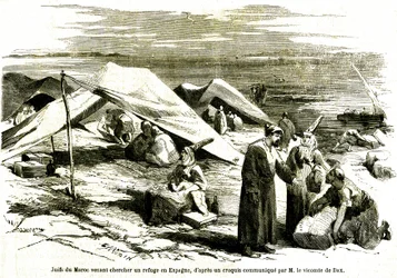 Judíos marroquíes refugiados en Algesiras, España, a mediados del siglo XIX (grabado)