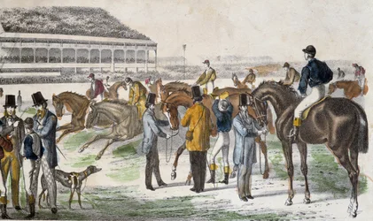 Jinetes y sus caballos antes de la carrera - grabado, c. 1850