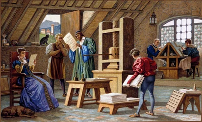 Johannes Gensfleisch Gutenberg (1400-1468), inventor de la imprenta (1438). Cromolitografía del siglo XIX.