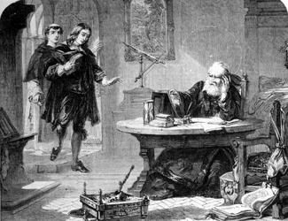 John Milton, poeta y ensayista inglés (1608 - 1674) visitó a Galileo Galilei (Galileo) (1564 - 1642) en su celda de la Inquisición de Florencia. Grabado. 1860 aprox.