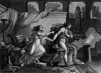 José huyendo de la esposa de Putifar que intenta seducirlo. Litografía del siglo XIX.