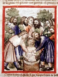 José vendido por sus hermanos y arrojado al pozo. Miniatura del códice 212 (o códice padovano o Biblia de Padua) 1390-1400 Rovigo, Accademia dei Concordi