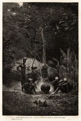 Kanaks cocinando en el bosque, en el territorio de Pamale. Grabado para ilustrar el viaje a Nueva Caledonia, por Jules Garnier, ingeniero civil de minas, en 1863-1866, publicado en “Le tour du monde, nouveau journal des voyages”, editado por Edouard Charto
